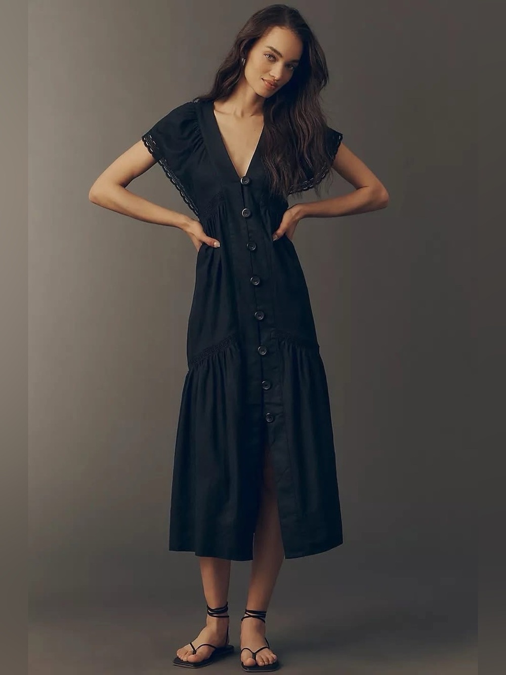 NWT Anthropologie Reneé Flutter-Sleeve Linen Dress in Black, Size 3X